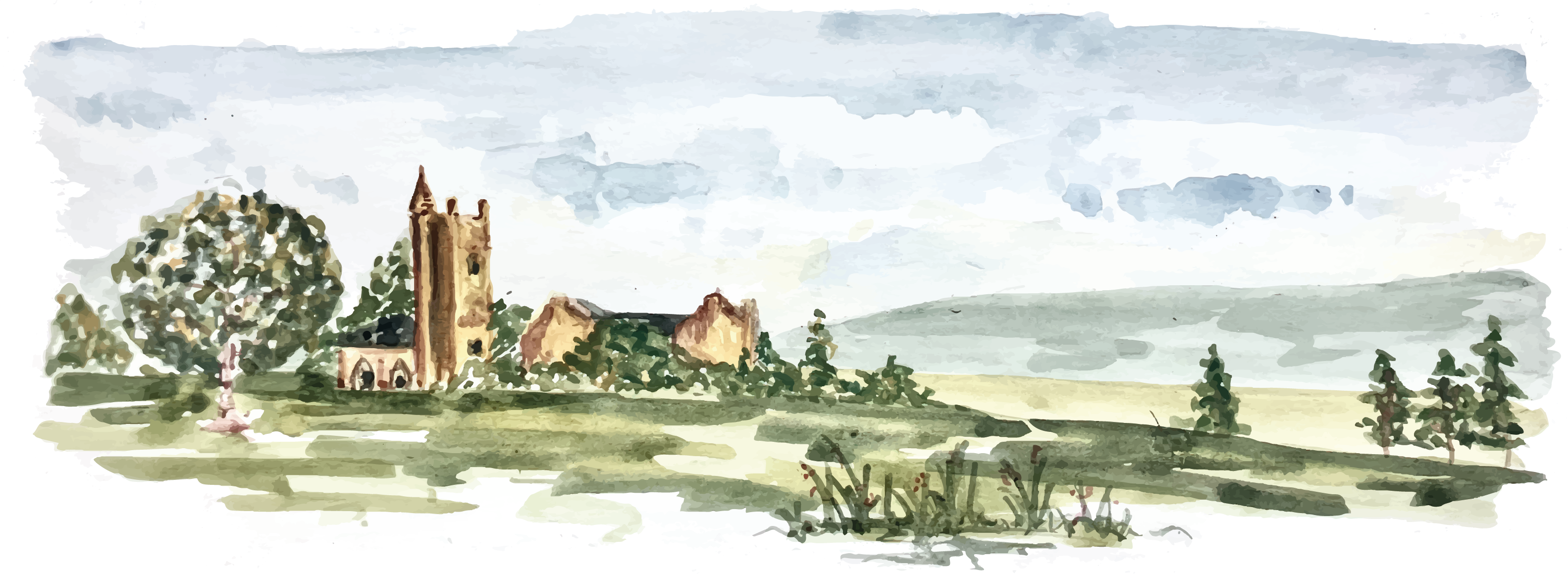 Watercolour landscape of the Cothelstone Estate, including the church